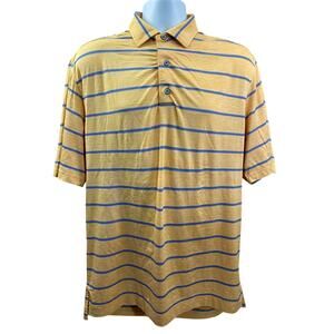 FootJoy Golf Polo Shirt Medium Orange Blue Stripe Club Crest Performance Fit